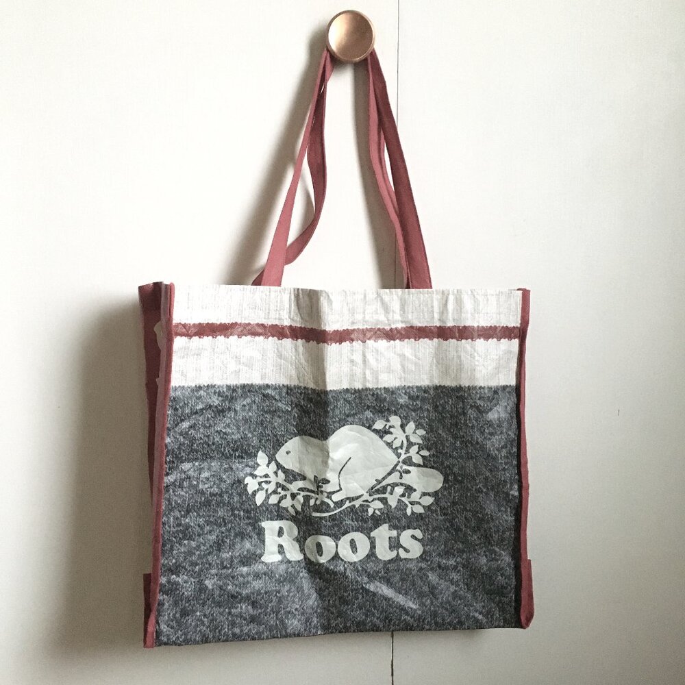 Roots Heritage Cabin Sock Reusable Tote Bag Large Salt & Pepper Grey Red